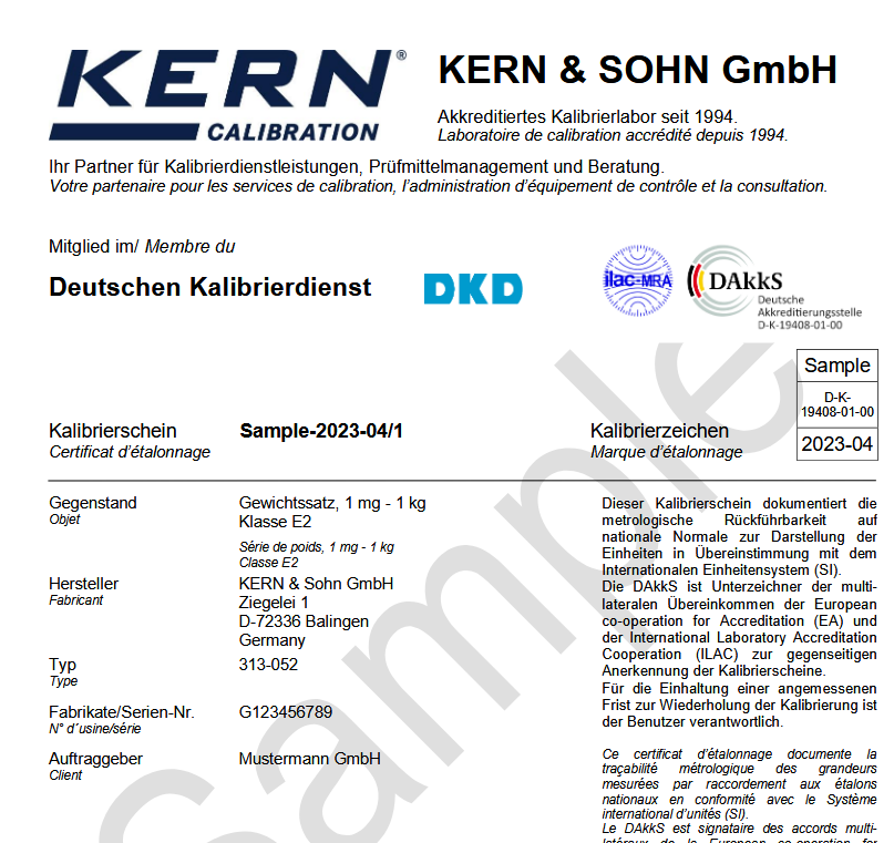 Sample calibration certificates